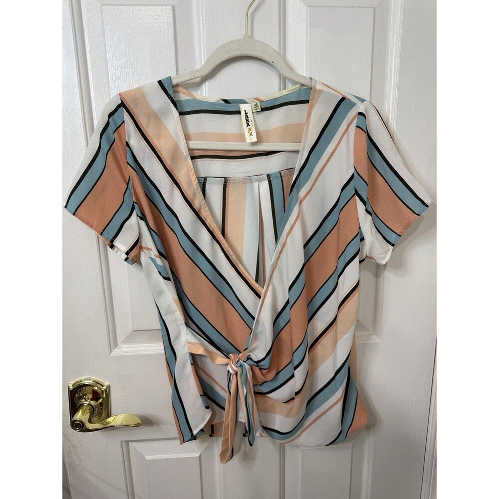 Lara Fashion Striped Wrap Blouse With Short Sleeves Size Medium Y2K